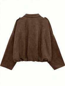 大码蝙蝠袖外套，拉链设计，银色纽扣，褶裥下摆，女士时尚柔软面料长袖街头风宽松轻薄外套，适合春秋季穿着 - 棕色 - 查看 7