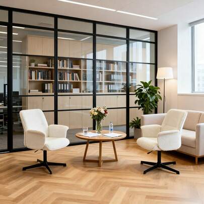 Meubles Cosy Set van 2 moderne witte bureaustoelen van gebogen hout, in hoogte verstelbaar, 360° draaibaar, met armleuningen. Scandinavische stijl, ideaal voor thuis of op kantoor. 62,5 x 59,5 x 81-93 cm.