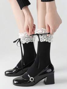 1 双蝴蝶结蕾丝边女式中筒袜，可爱甜美洛丽塔芭蕾风格，秋季袜子 - 彩色 - 查看 2