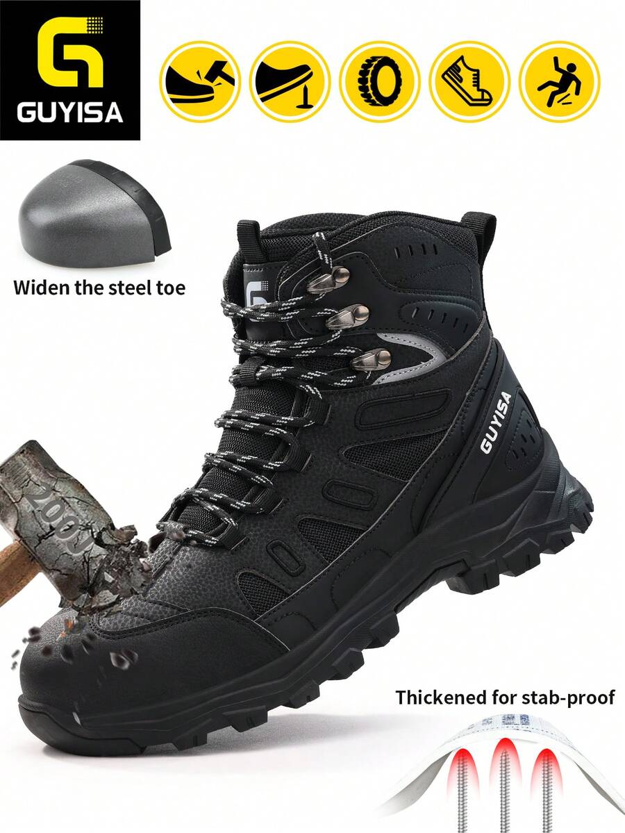 GUYISA Nuevos zapatos de seguridad de caña alta con puntera de acero, anti-aplastamiento, anti-perforación, botas tácticas de moda para minería y construcción, color negro, impermeables, suela de goma suave, cómodos y duraderos, adecuados para todas las estaciones