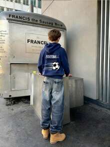 1件青少年男童休闲印花套头卫衣，保暖内衬，长袖，秋冬季 - 藏蓝色 - 查看 7