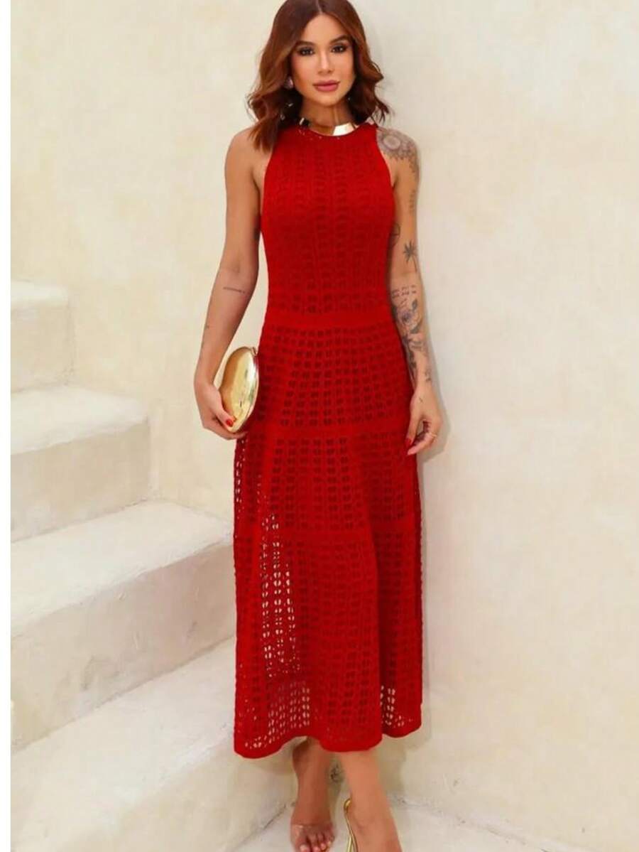 Lace Flared Dress, Beachwear, Elegance. - Đỏ - Xem 1
