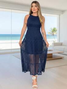 Lace Flared Dress, Beachwear, Elegance. - 藏蓝色 - 查看 4