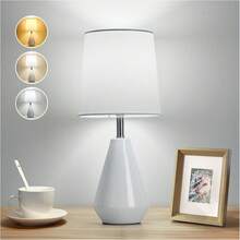 Small Table Lamp For Bedroom - Reading Desk Lamp With 3 Color Temperatures,15.5" Nightstand Ceramic Lamp With Fabric Shade For Room,Living Room,Dorm,Home Office (White) - Xanh lam-1 - Xem 1