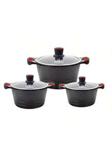 6pcs Aluminum Alloy Cookware Set - Marble Non-Stick Coating, Compatible With All Stoves - Black - View 2