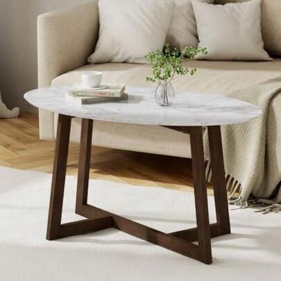 Coffee Table Storage Side Table Bedside Marble Effect Oval Wood 80cm