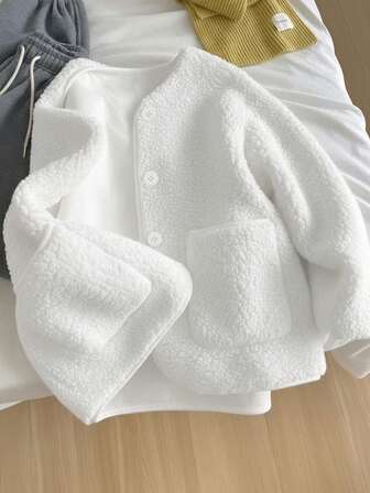 Women's White Teddy Faux Fur Button Front Long Sleeve Cardigan Jacket, Fashionable Outerwear With Slight Stretch