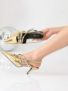 Gold Heels For Women Closed Pointed Toe Strappy Dress Pumps Slingback Kitten Heels Buckle Strap Shoes - 金色 - 查看 11