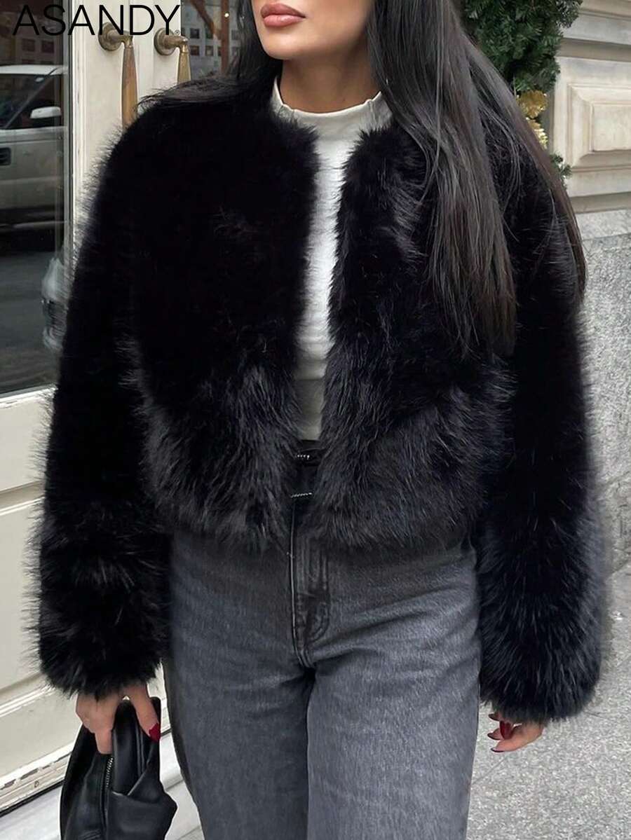 女式圆领宽松短款仿皮草时尚休闲夹克 - 黑色 - 查看 1