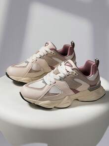 Women's Fashionable Beige Casual Sports Shoes, Lightweight Road Running Shoes, Breathable Outdoor Hiking Shoes, Urban Unisex Sneakers, Reflective Fashionable Chunky Sneakers (Slimming Effect, Please Size Up If Your Feet Are Wide, Large Sizes Available) - 杏色 - 查看 11