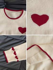 Crew Neck Plus Size Heart Jacquard Knit Sweater For Women, Loose Fit Cozy Style, Suitable For Plus Size, Autumn/Winter - Apricot - View 8