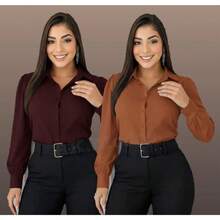 Kit 2 Peças Camisa Feminina Moda Feminina Social Com Botoes - KIT 2 CAMISA UMA COR VINHO E CARAMELO - Visão 2