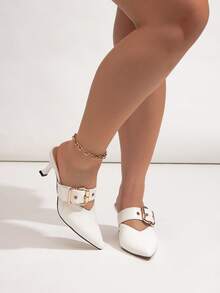 宽楦米色PU皮鞋面，大号金属搭扣装饰细高跟露跟女式正装鞋，适合日常穿着、宴会、派对等场合，猫跟鞋 - 米色 - 查看 4