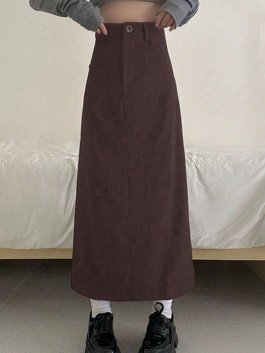 Rok Panjang Wanita Pinggang Tinggi Warna Polos Kasual dengan Belahan - Coffee Brown - View 1