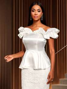 Women Valentine Chic White Glossy Off Shoulder Ruffle Peplum Elegant Top Spring Summer Weddings Party