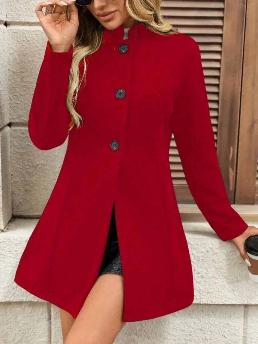 Palton elegant de damă, mărime mare, cu guler înalt, nasturi, în linie A, lungime medie, la modă toamnă/iarnă - roșu - Vizualizare 1