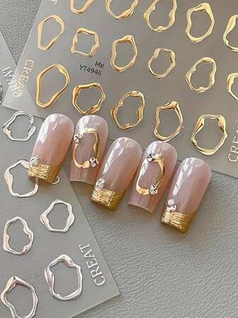 Pegatinas de arte de uñas con líneas, pegatinas de uñas circulares brillantes y simples, pegatinas con patrón de líneas doradas y plateadas para uñas, círculos brillantes, pegatinas de marco de foto para uñas, pegatinas de arte de uñas con líneas chapadas en oro, pegatinas decorativas circulares brillantes y simples