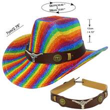 Rainbow Pattern Cowgirl Hat With Bull Head Decorative Leather Band Western Style Wide Brimmed Cap For Men Women - Pink - View 7