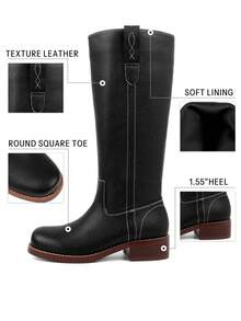 Women Campus Knee High Boots Square Toe Riding Boots Vintage Pull On Riding Boots Wide Calf Boots Chunky Block Low Heel Moto Boots - 黑色 - 查看 4