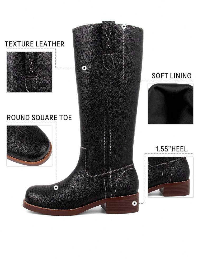 Women Campus Knee High Boots Square Toe Riding Boots Vintage Pull On Riding Boots Wide Calf Boots Chunky Block Low Heel Moto Boots - 黑色 - 查看 4