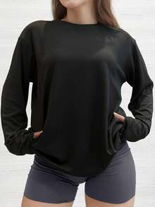 Camiseta de manga larga con caída en los hombros de unicolor negro, talla grande, holgada y casual - Negro - Ver 2