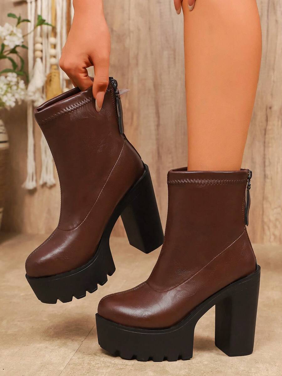 Giày bốt cổ cao đế dày màu trơn thời trang cỡ lớn dành cho nữ - màu nâu - Xem 1