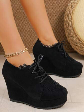 Fashion Platform Lace-Up Casual Shoes, New Thick Sole Simple Spring/Autumn Outdoor Plus Size Women Wedge High Heel Pumps