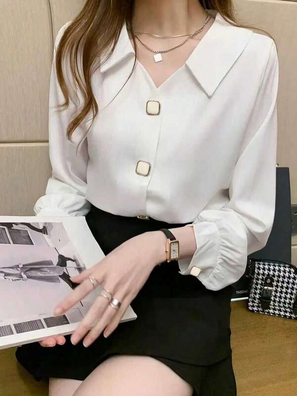 Elegant Long Sleeve Design Satin Shirt, Chic And Mature Hong Kong Style