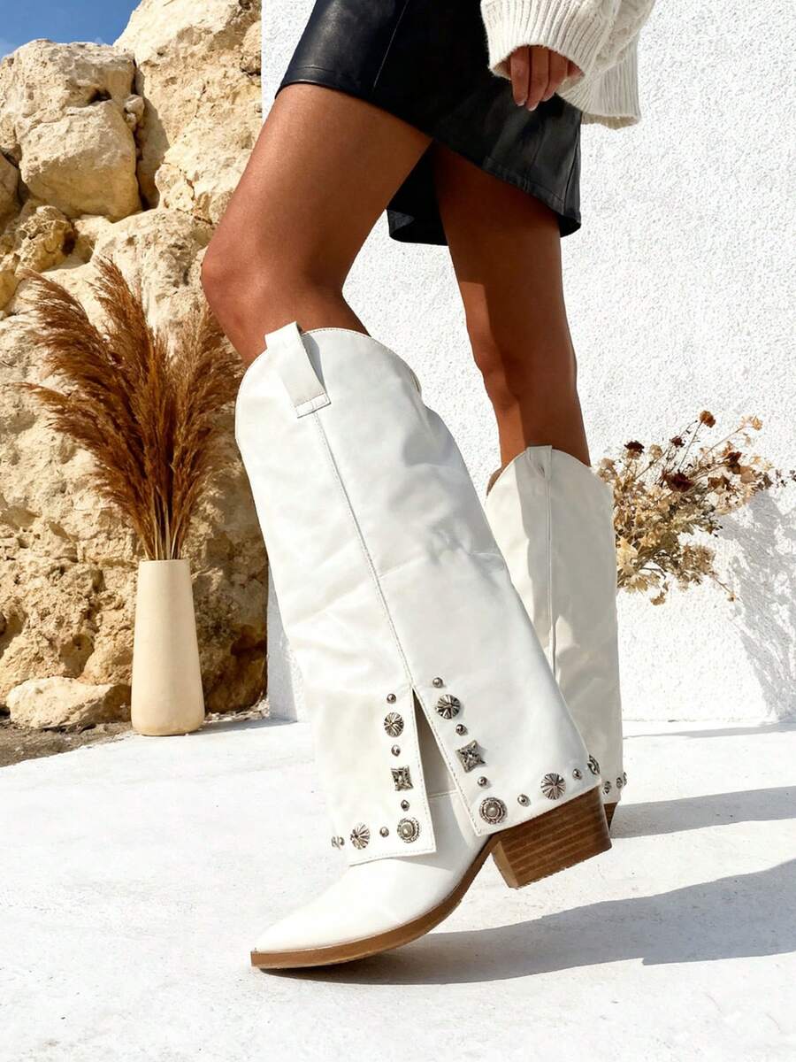 TULIPANO High-Quality Women's Cowboy Boots With Chunky Heels, Punk Style, Y2K Collection, New Wide-Shaft Boots With Studs For Autumn/Winter, Ideal For Modern And Daring Looks. High-Quality Women's Cowboy Boots With Chunky Heels, Punk Style, And Loose Design, New Autumn/Winter Collection With Studs And Y2K Style, Long Boots - 白色 - 查看 1