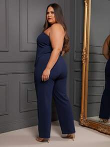 Women's Plus Size Set: Straight Leg Pants And Blouse With Asymmetrical Hemline - Spring/Summer Look, New Year's Eve, Christmas - 藍色 - 查看 3