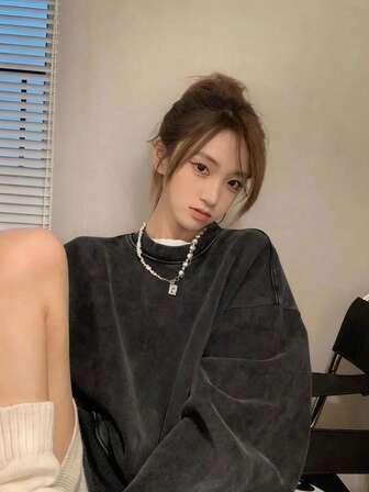 Women's Y2K Oversized Comfortable Black Washed Cotton Casual Hoodie, Suitable For Vacation, Home, Street, Student, Autumn/Winter