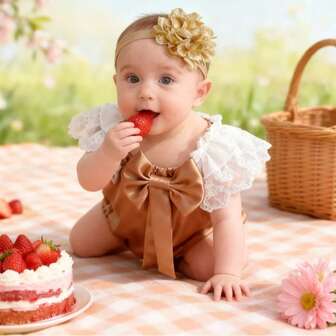 Set regalo per neonata - Body in seta, con fiocco 3D, maniche con bordo in pizzo e fascia per capelli con fiore, adatto per celebrazioni dei 100 giorni, outfit da festa, servizio fotografico in stile INS, body stile principessa, regalo per festa di nascità