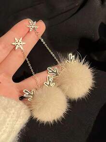 1 Pair Zinc Alloy Reindeer/Deer Fur Pom Pom Earrings, Suitable For Women's Daily Wear, Christmas Gift - Style 1 - View 1