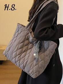 1个绗缝大容量单肩手提包，适合女性日常使用、工作通勤、上学、大学生使用，轻便可折叠短途旅行包，拉链封口，苔藓绿 - 深灰色 - 查看 3