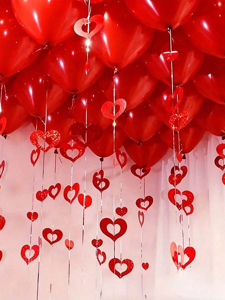 1set Valentine'S Day Red Heart Wreaths - Plastic Hanging Hearts With Ribbons - No Power Required - Suitable For Valentine'S Day, Weddings, Birthdays, Parties, And Couple Events