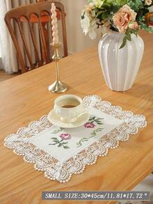 Polyester Linen Natural Table Runner, Pink Rose Cross-Stitch Embroidery, Double-Sided Wavy Hollow Crochet Lace Edge, Vintage Botanical Style Dining Table Coffee Table Tablecloth, Wedding Farmhouse Home Kitchen Decor - Multicolor - View 10