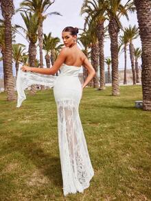 女士优雅无肩带婚纱 – 竖条纹、褶裥紧身胸衣和薄纱花卉蕾丝曳地长裙，适合新娘、春季连衣裙和夏季服装 - 白色 - 查看 3