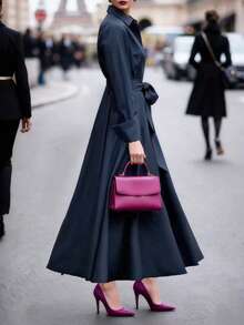 Women's Autumn Vintage Style Elegant Dress, Single-Breasted Design, Graceful And Flowy, Suitable For Outings, Business, Basic, Back To School - Royal Blue - View 8