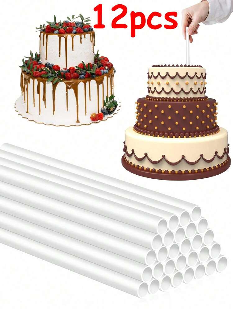 2/12/24支装白色塑料蛋糕支撑杆，蛋糕假人棒，空心蛋糕假人，适用于多层蛋糕、婚礼蛋糕柱、圆形蛋糕吸管，用于堆叠和支撑优雅的多层蛋糕，适用于派对、婚礼、生日、装饰支撑，适用于较高的烘焙项目，蛋糕烘焙用品，光滑圆柱形设计，直径0.4英寸，长度9.5英寸。 - 白色 - 查看 12