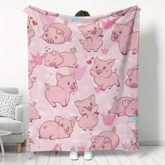 1pc Pink Pig Family Pattern Bohemian Style Colorful Blanket, Soft & Casual Home/Office Throw, Warm Nap Blanket, Suitable For Travel, Gift, Unique Bedroom Decor, Vibrant Home Accessory, Comfortable & Lightweight, Durable For Daily Use