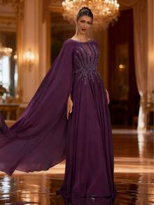 DELLA COUTURE Luxury Purple Bohemian A-Line Round Neck Long Evening Gown Fashion Prom Dress With Beaded Short Sleeves Designed For High-End Proms, Banquets, Parties, And Other Formal Occasions - Purple - View 7