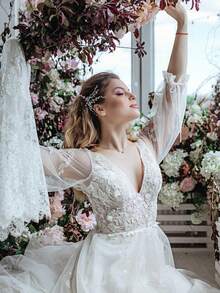 Romantic Boho Deep V 3D Floral Illusion Lace Long Sleeve Wedding Dress, Tulle Bridal Gown, Wedding Dresses For Bride, Elegant And Comfortable, Suitable For Wedding, Party, Vacation, Bride, Formal Occasions, Dinner Dress, Prom Dress, After-Party Dress, Homecoming Dress, Cocktail Party, Birthday Party, Ceremony - Blanco - Ver 5