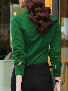 Olive Green Button-Down Shirt For Women, Professional Office Wear, Long Sleeve Blouse, Spring/Autumn 2025 New Collection - Grass Green - View 2