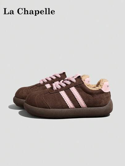 1 Pair La Chapelle Women's Casual Soft Bottom Flat Shoes, Round Toe Low Heel Outdoor Commuting Shoes, Elegant Soft Sole Hiking Suitable For Students Graduation Photos, Low-Top Leather Warm Shoes