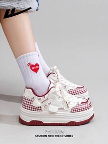 1 Pair WARRIOR Women's Thick Sole Lace-Up Soft Bottom Casual Shoes, Low-Top Outdoor Flat Shoes, Round Toe Low Heel Non-Slip Solid Color Elegant Soft Bottom Hiking Shoes, Suitable For Students, Graduation Photos, Flat Shoes, Women Leather Skate Sneakers - Rice/Wine Red - View 8