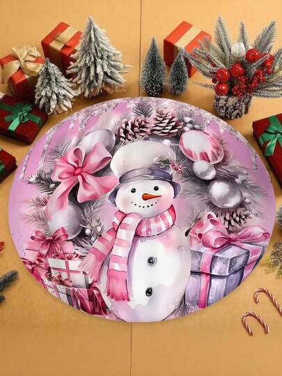 1pc Pink Christmas Bow Snowman Bell Pine Cone Gift Box Tree Skirt, Holiday Polyester Christmas Tree Mat, Suitable For Indoor/Outdoor Decor, Christmas Kitchen Doormat, Holiday Party Supplies, Applicable For Living Room, Dining Table, Kitchen And Bathroom, Non-Slip Bathroom Mat, With Christmas Design, Christmas Decoration, Holiday Decor, Daily Decor, Home Decor, Christmas Gift, Rectangular Rug, Round Carpet, Available In Multiple Sizes