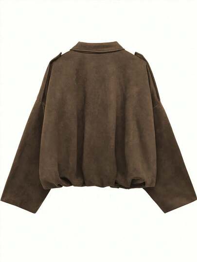 Plus Size Women's Brown Faux Suede Jacket, Drop Shoulder Long Sleeve, Zipper Detail, Plus Size Drop Shoulder Jacket With Silver Buttons, Pleated Hem, Soft Fabric, Casual Loose Fit Spring Autumn Lightweight Jacket