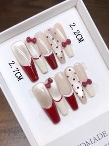 10片纯手工绘制的可佩戴美甲贴片，包含3D蝴蝶结、猫眼、波点、樱桃红法式美甲等款式，可个性化定制，按压式美甲贴片 - 彩色 - 查看 3