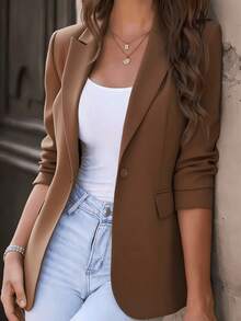 女士优雅长袖尖领西装外套，聚酯纤维面料，纽扣细节，常规版型和长度，无弹力设计 - 棕色 - 查看 14