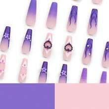 Purple Press On Nails Heart Fake Nails Tips Full Cover False Coffin Long Fire Nails For Women And FFgirls 24PCS{Inchcolor_nameinch:InchNails-14inch} - 釘子-14 - 查看 5